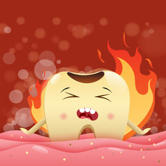 Cute cartoon with the tooth eats spicy food, causing burning sensation., children dentistry concept. Vector Illustration