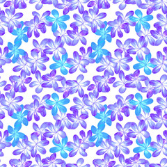 Plumeria blue and purple flowers  watercolor illustration, seamless pattern design on white