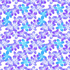 Fototapeta premium Plumeria blue and purple flowers watercolor illustration, seamless pattern design on white