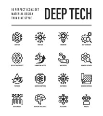 Deep tech thin line icons set. Symbols of ai, innovation, intellectual property, scientific discovery, investment,  quantum computing, photonics, blockchain, robotics. Vector illustration.