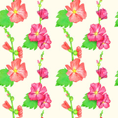 Red Alcea rosea (common hollyhock, mallow flower) stem with green leaves and buds, hand painted watercolor illustration, seamless pattern design on soft yellow background