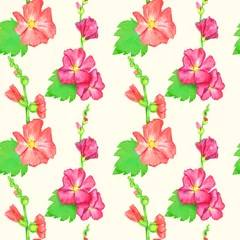 Fotobehang Tropische planten Rode Alcea rosea (gewone stokroos, kaasjeskruid bloem) stengel met groene bladeren en knoppen, handgeschilderde aquarel illustratie, naadloze patroon ontwerp op zachte gele achtergrond