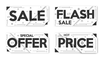 Black and white set Sale banner. layout, price tag, badge, poster.