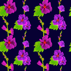 Pink-purple Alcea rosea (common hollyhock, mallow flower) stem with green leaves and buds,  hand painted watercolor illustration, seamless pattern design on dark blue background