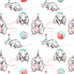 Fototapeta premium Small funny white-gray rats in hats and crowns, watercolor painting, turquoise red circles, seamless pattern design on white background