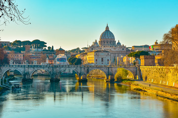 Fototapeta na wymiar Bridge and Castle of Saint Angel on the banks of the Tiber River in Rome