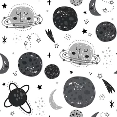 Photo sur Plexiglas Cosmos Motif monochrome sans couture avec éléments spatiaux, lune, planète, étoile, constellation. Texture enfantine de vecteur créatif. Parfait pour les vêtements, le textile, le tissu, le papier peint.