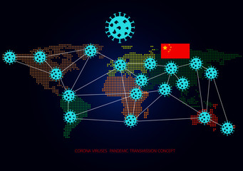 Novel Coronavirus ,icon of departure of coronavirus from China and Transmitted worldwide Pandemic concept of international contamination with biologically weapons.Vector illustration EPS 10.