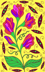 Sweet pea - floral illustration. colorful plant drawing. Graphic psychedelic multicolored line art. Vector artwork
