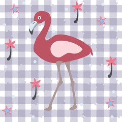 Cute Pink Flamingo with Palms and Stars on a Blue Background with Stripes.