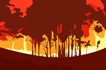 vector illustration forest fire background. Wind blowing on a flaming trees during a forest fire