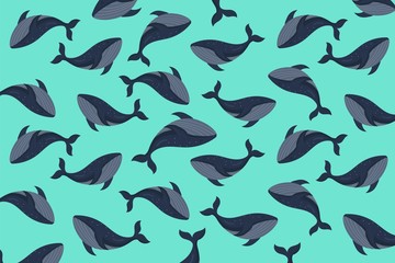 Obraz na płótnie Canvas Ocean or Sea life, whales pattern background. vector illustration