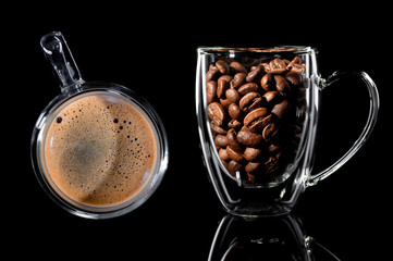  composition of two cups with coffee. on the left is a cup with finished coffee, top view, on the...