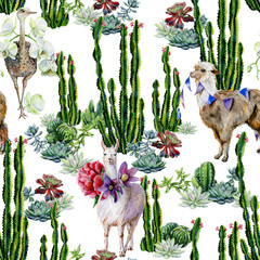 Funny watercolor seamless pattern of brown alpaca and cute cartoon llama with pasque-flower and peony illustration and cactus. Cute ostrich with white orchid hand-drawn illustration with succulents. - 317923822