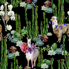 Funny watercolor seamless pattern of brown alpaca and cute cartoon llama with pasque-flower and peony illustration and cactus. Cute ostrich with white orchid hand-drawn illustration with succulents. - 317923846