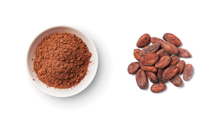 Cocoa powder and beans in white bowl