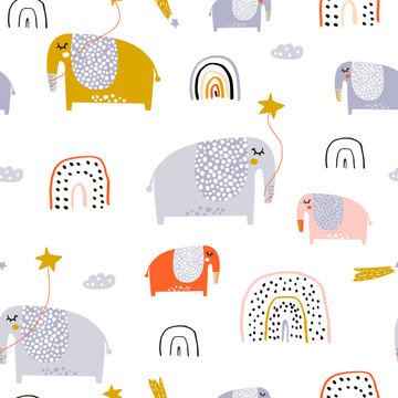 Childish seamless pattern with creative elephants and rainbows. Trendy kids vector background. Perfect for kids apparel, fabric, textile