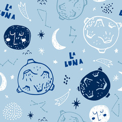 Childish seamless pattern with hand drawn space elements,star, planet, galaxy. Trendy cosmos kids vector background with moons.