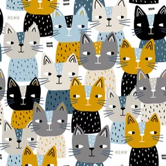 Foto op Plexiglas Katten Semless trendy patroon met schattige katten. Kinderachtige textuur in Scandinavische stijl voor stof, textiel, kleding, kinderkamerdecoratie. vector illustratie