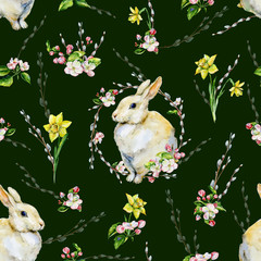 Hand-drawn seamless tileable pattern watercolor for Easter holiday with bunny, apple tree flowers, pussy-willow and daffodils. Rabbit bohemian style spring season illustration for textiles, decor. - 317925073