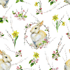 Hand-drawn seamless tileable pattern watercolor for Easter holiday with bunny, apple tree flowers, pussy-willow and daffodils. Rabbit bohemian style spring season illustration for textiles, decor. - 317925082