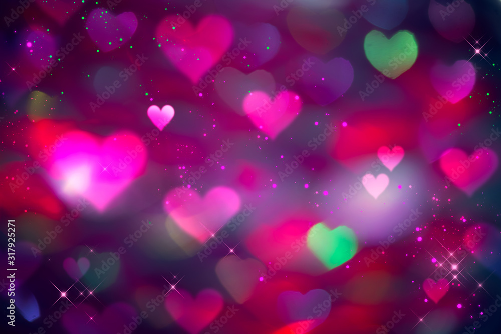 Poster Valentine's Day Background. Holiday Blinking Abstract Valentine Backdrop with Glowing colourful Hearts. Heart Shape Bokeh. Love concept. Colorful Art design