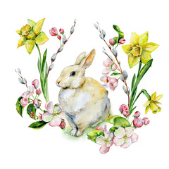 Hand-drawn watercolor for Easter holiday with bunny design and daffodils. Rabbit bohemian style, isolated spring season illustration on white. - 317925200