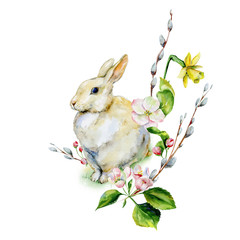 Hand-drawn watercolor for Easter holiday with bunny design and daffodils. Rabbit bohemian style, isolated spring season illustration on white. - 317925210