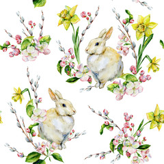 Hand-drawn seamless tileable pattern watercolor for Easter holiday with bunny, apple tree flowers, pussy-willow and daffodils. Rabbit bohemian style spring season illustration for textiles, decor. - 317925249
