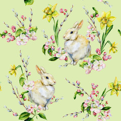 Hand-drawn seamless tileable pattern watercolor for Easter holiday with bunny, apple tree flowers, pussy-willow and daffodils. Rabbit bohemian style spring season illustration for textiles, decor. - 317925263