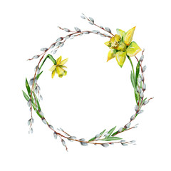 Hand-drawn watercolor drawing of wreath for Easter holiday with pussy-willow  bohemian style design, isolated spring season illustration on white with daffodils. - 317925287