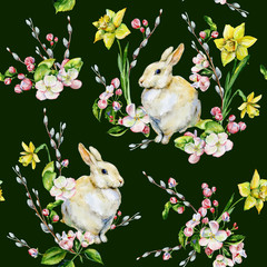 Hand-drawn seamless tileable pattern watercolor for Easter holiday with bunny, apple tree flowers, pussy-willow and daffodils. Rabbit bohemian style spring season illustration for textiles, decor. - 317925290
