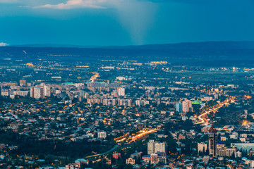 Tbilisi, Georgia. Aerial View Of Populated Residential Area In Evening Night Time