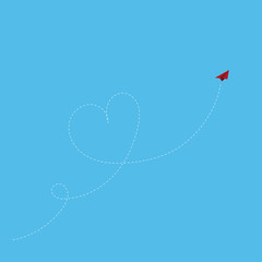 Valentines day theme.The red paper plane fly with love line, flat design for poster vector illustration.