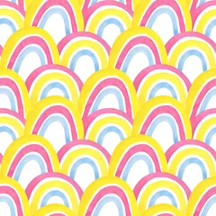 Tapeten Gelb Nahtloses Muster aus Regenbogen. Rosa, gelb, blau. Festlicher Hintergrund für Sommer und Kinder. Aquarellillustrationen auf weißem Hintergrund. Niedlicher, lustiger Druck