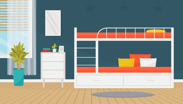 Modern teenager or student room interior design with bunk bed and chest of drawers. Comfortable hostel. Cozy apartment. Home design. Flat style vector illustration. 