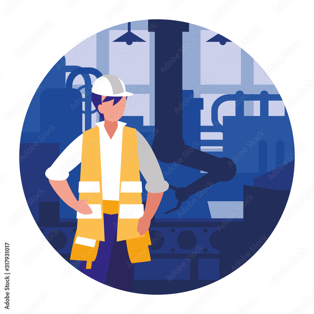 Poster work on the conveyor. vector. robot operation of the conveyor with conveyor belt.
