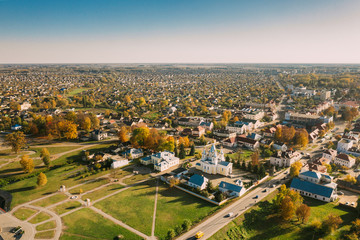 Obraz premium Kobryn, Brest Region, Belarus. Cityscape Skyline In Autumn Sunny Day. Bird's-eye View Of Church of St. Alexander Nevsky. Famous Historic Landmark