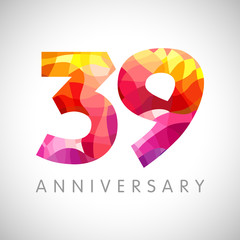 39 th anniversary numbers. 39 years old facet logotype. Age congrats, congratulation idea. Isolated abstract graphic design template. Creative 3, 9 3D yellow red digits. Up to 39% percent off discount