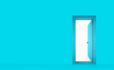 Cyan painted wall with an open door on the right
