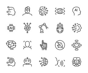 Vector set of artificial intelligence line icons. Contains icons of chip, algorithm, robot, brain, machine learning, autopilot, face recognition and more. Pixel perfect, scalable 24, 48, 96 pixels.