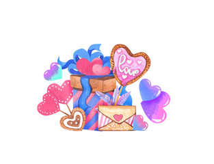 valentines composition, illustration for lovers, watercolor drawing, for scrapbooking, for postcards