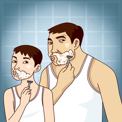 father and teenager son shaving in bathroom - 317937880