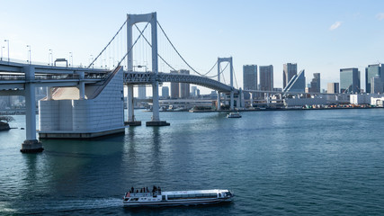 青空を背景にレインボーブリッジから見た芝浦ふ頭のビル群