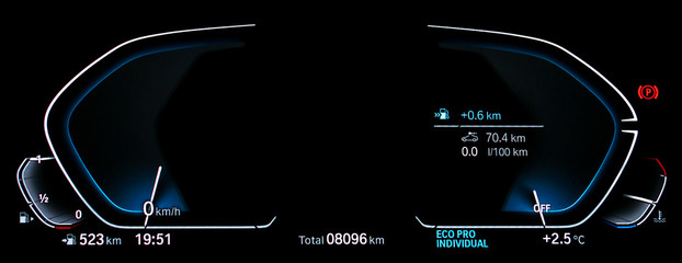 Empty illuminated car dashboard panel concept. Modern fully digital LCD instrument cluster without...