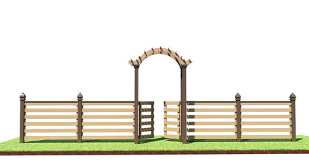 Naklejka premium Wooden decorative fence with an arch. 3D rendering.