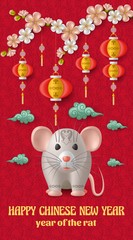 Happy Chinese New Year background with creative silver rat, sakura branches with flowers and hanging lanterns. Red colored template