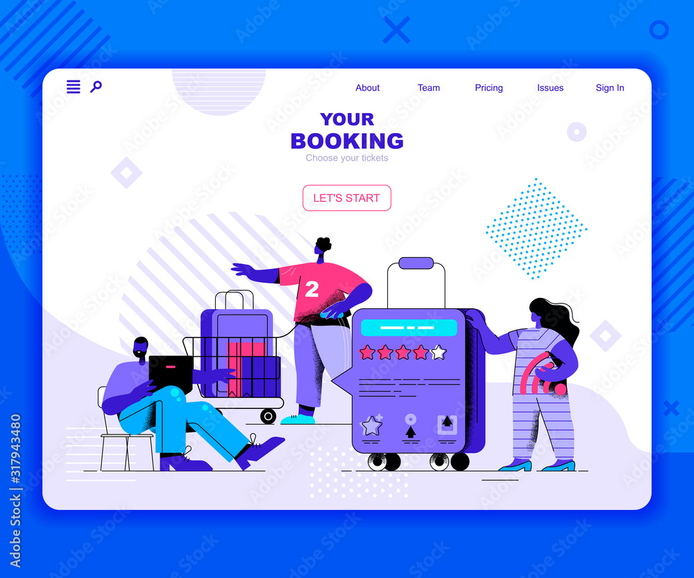 Fototapete booking landing page vector template. ordering boarding tickets website header ui layout with flat i