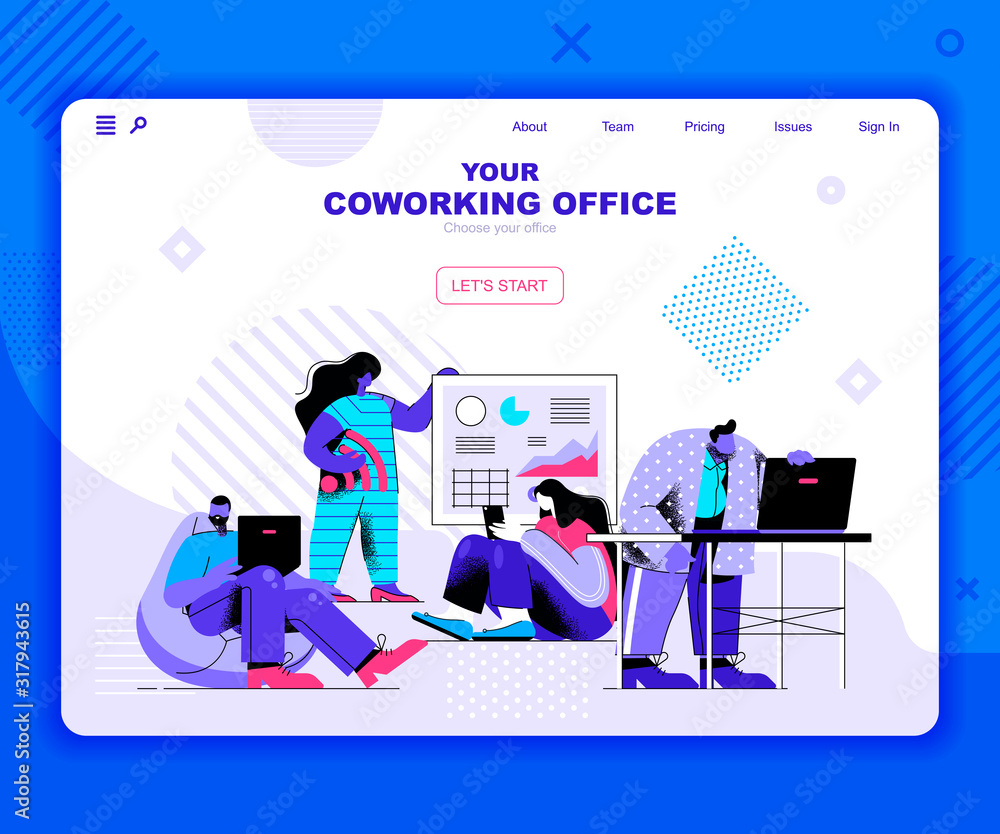 Fototapete coworking office landing page vector template. freelance startup team website header ui layout with 