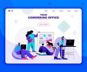 Coworking office landing page vector template. Freelance startup team website header UI layout with flat illustration. Professional meeting in workplace web banner flat concept